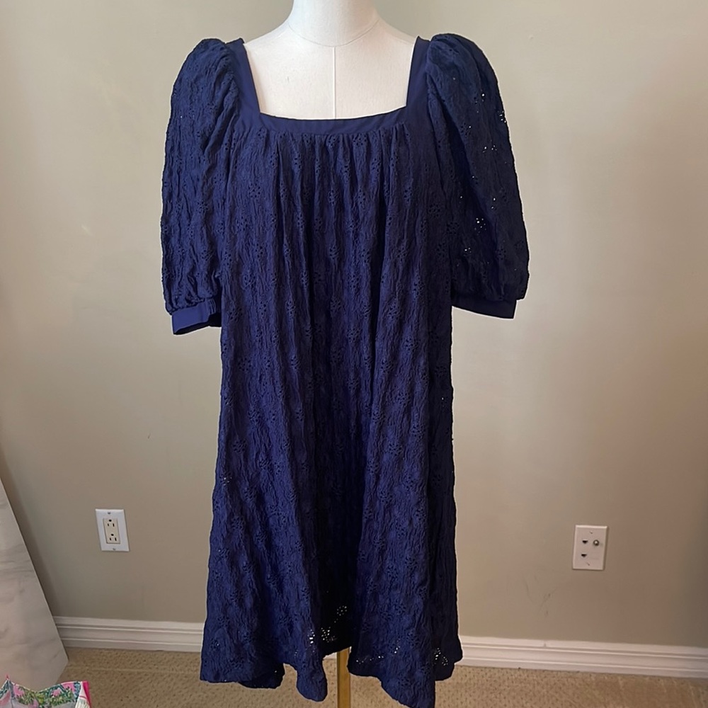 Maeve Anthropologie Navy Knit Squareneck Puff Sleeve Dress Small